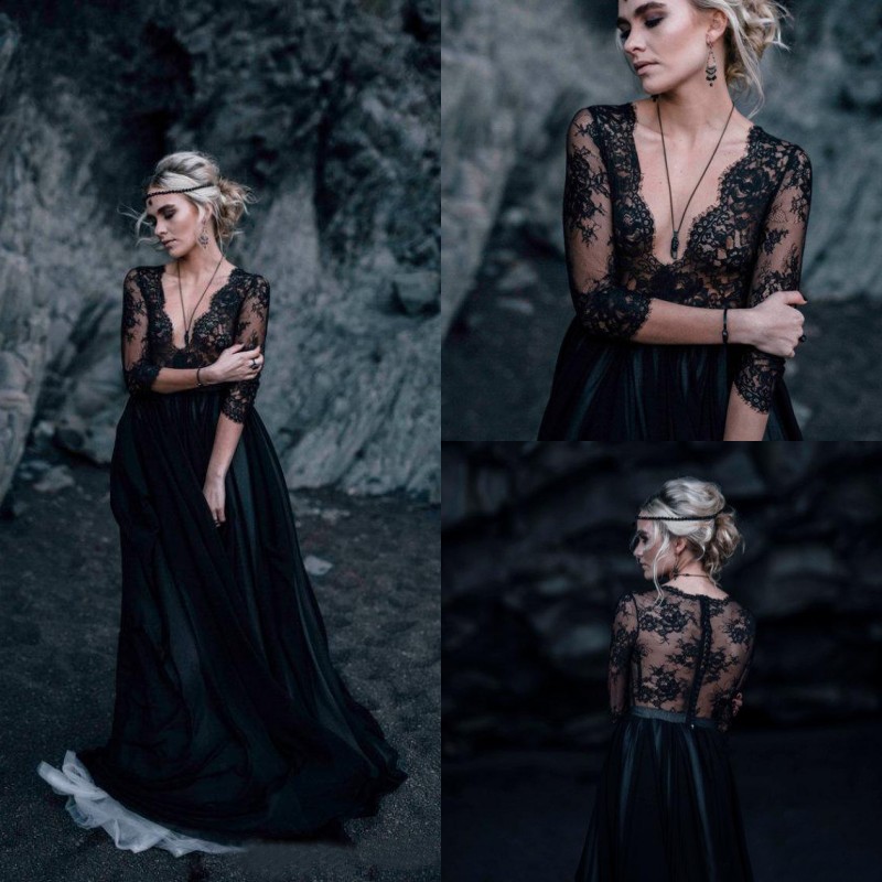 Vintage 2016 Black Lace Tulle A-line Wedding Dresses Cheap V Neck 3/4 Long Sleeve Gothic Bridal Gowns Plus Size Custom Made EN11107