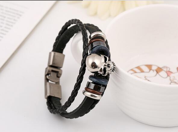 Meaeguet Men's Leather Skull Bracelets Rock Punk Stainless steel Skeleton Charms Cuff Bracelet Bangles Casual Jewelry G44