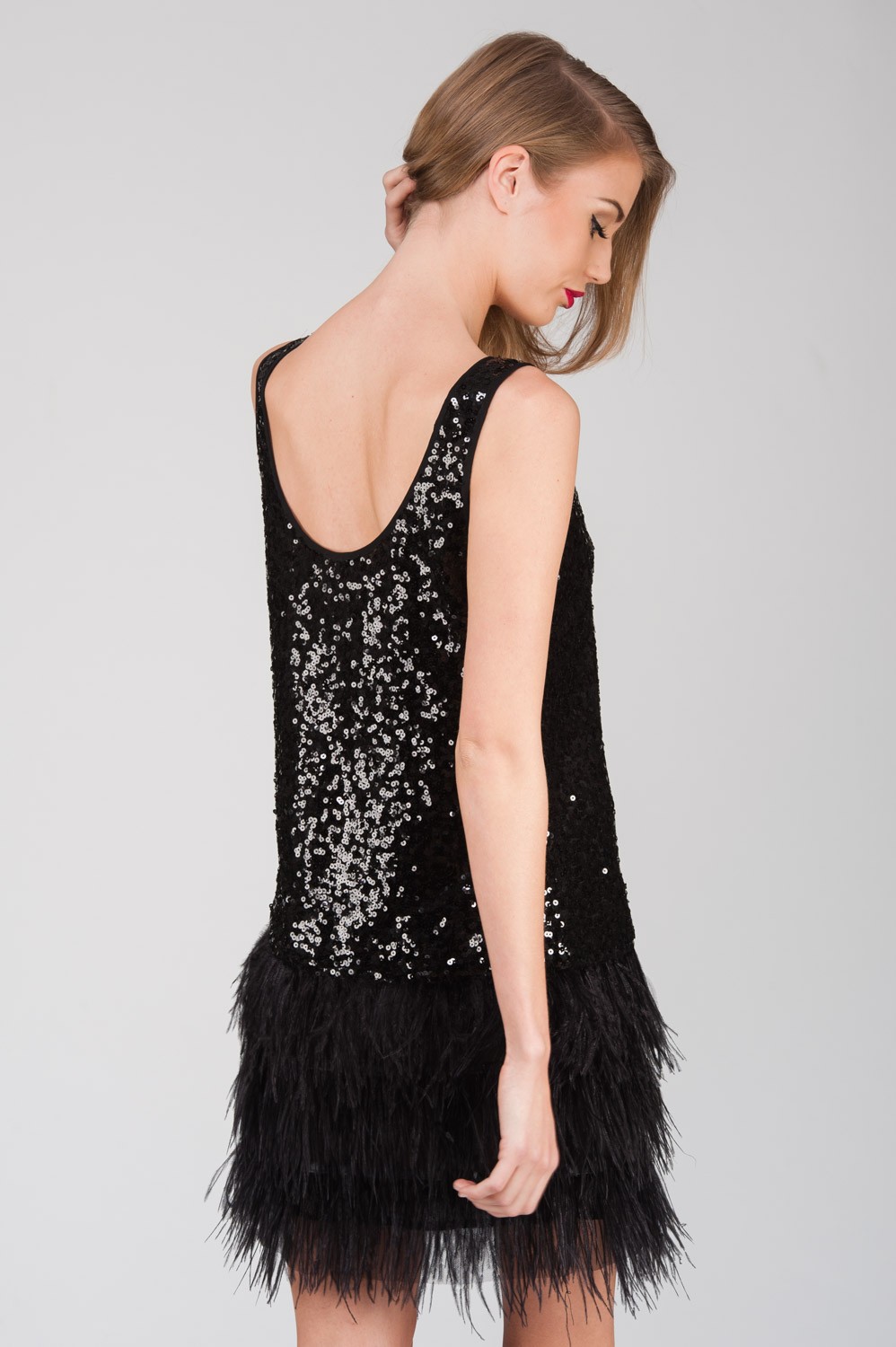 Fashion Little Black Feather Sequined Bodycon Dress Short Cocktail Party Dresses Scoop Neck Mini Formal Prom Gowns Real Photo
