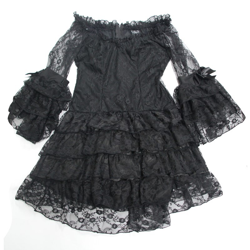 Victorian Gothic Black Ruffle Lace Lolita Style Long End Corset Top Blouse Shirt / Mini Dress with Lace Bow Details Victorian Corset Dress