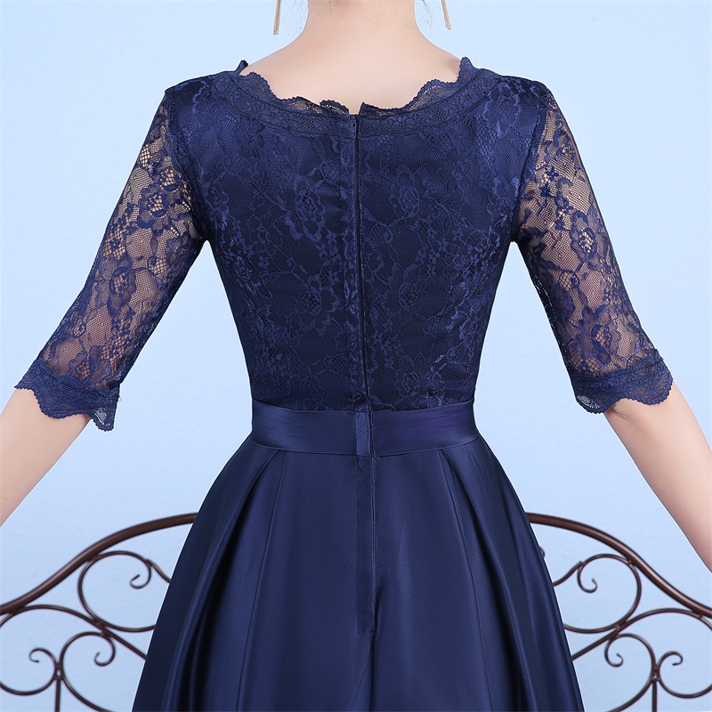 New Navy Blue Evening Dresses with Half Sleeve Elegant High Neck Satin Bride Gown 2017 Ball Prom Party Homecoming/Graduation Formal Dress