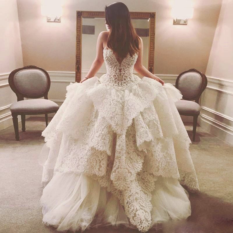 2019 Latest Spring Charming Wedding Dress Sheer Neckline Beading Pearls Back Lace Up Bridal Gowns Stylish Lace Layered Tulle Wedding Dresses