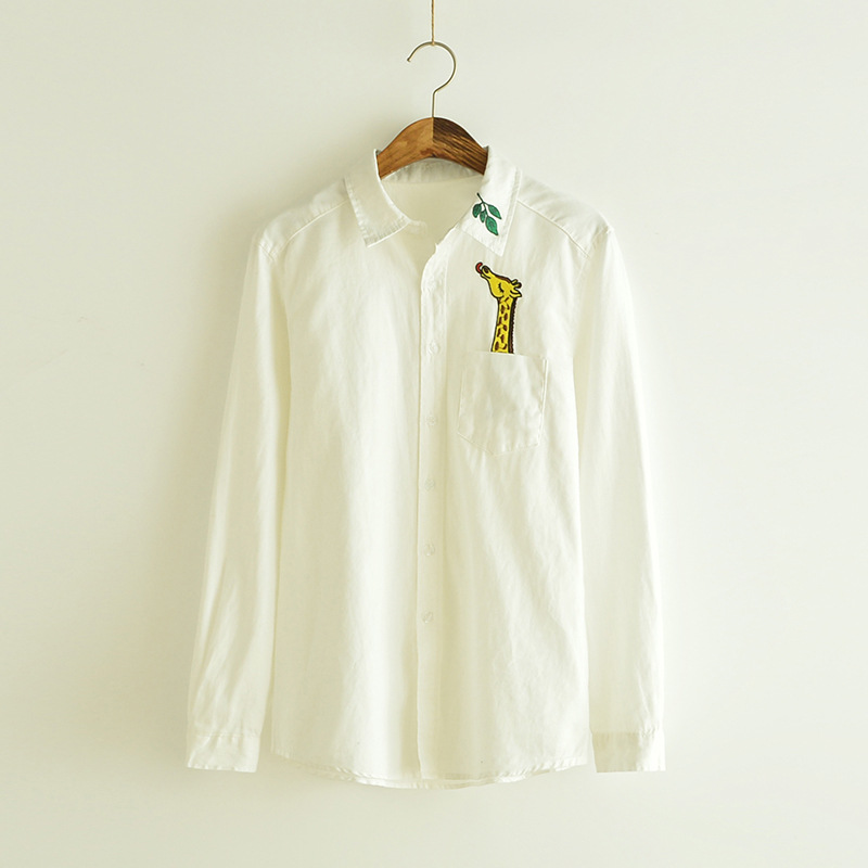 Japanese Cotton Casual Blouse Female Turn-down Collar Long-sleeve White Tops Women Embroidery Giraffe Leaves Shirt female tops
