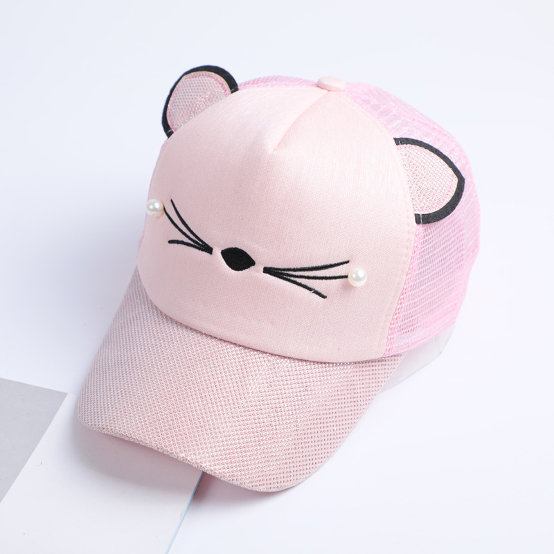New Women Cat Baseball Cap With Cute Cat Ears Curved Brim Snapback Hat Cat Face Pearl Cotton Caps Outdoor Mesh Hats