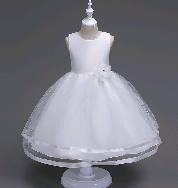 Beaded Floral Simple Girl's Wedding Dress - Solid Color Mesh with Mid-Calf Hemline (Ages 3-14)