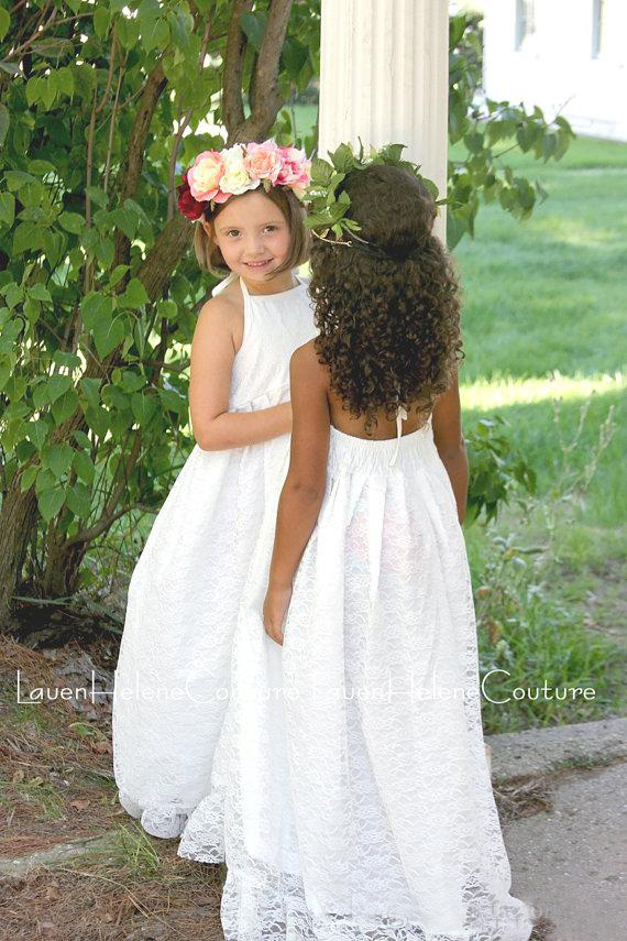 Beach Boho Flower Girls Dresses For Weddings 2017 Cheap Halter Full Lace Backless Floor Length First Communion Dresses Custom Made EN4064