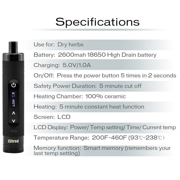 Original Yocan iShred Kit Dry Herb Vaporizer E Cigarette Kits 2600mAh Battery Full Ceramic Chamber Built-in Herb Grinder LCD Display
Original Yocan iShred Kit Dry Herb Vaporizer E Cigarette Kits 2600mAh Battery Full Ceramic Chamber Built-in Herb Grinder LCD Display