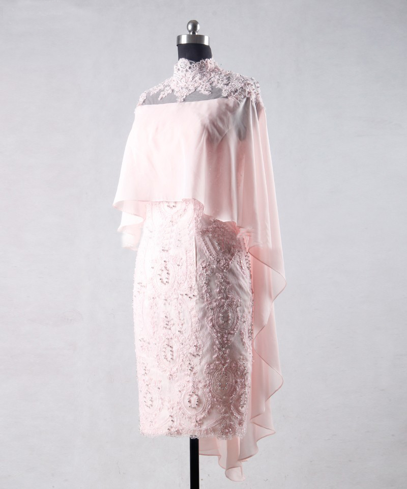 Pink Cocktail Dress Evening Dress Knee Length Mother Bohemian Style Sexy Mother Of The Bride Dresses Chiffon Lace Applique Beaded High Neck