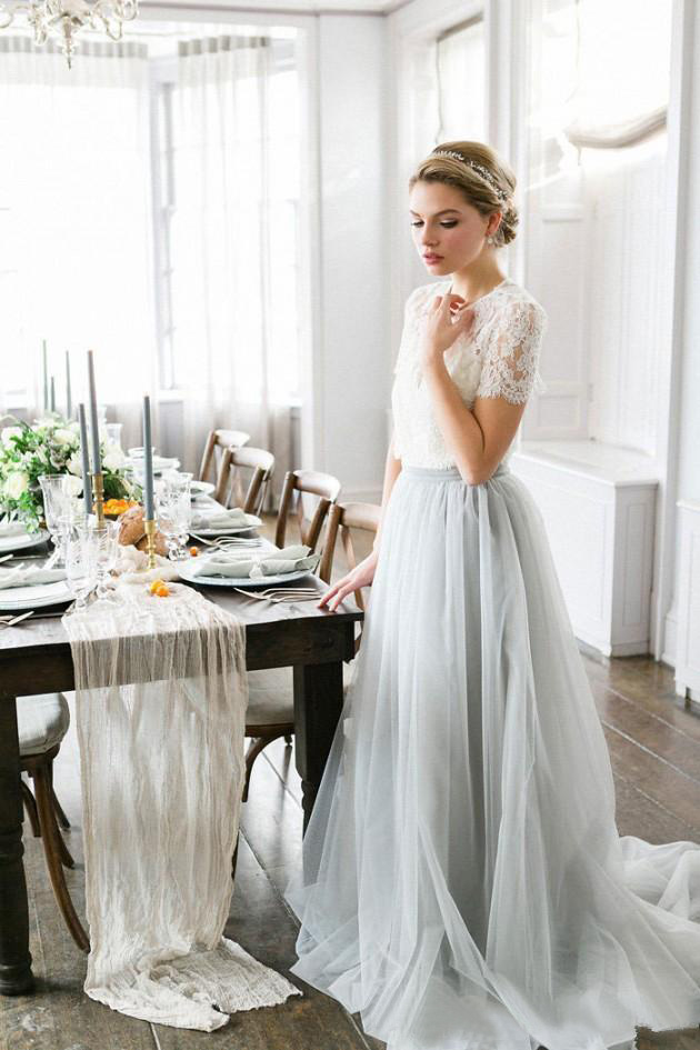 Country Style Wedding Dresses 2017 Cheap White Lace Dusty Blue Tulle Short Sleeve Long Bridal Gowns Plus Size Custom Made EN11241