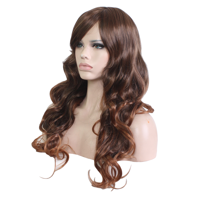 WoodFestival fashion womens daily wear wig oblique bangs brown mixed color synthetic hair wigs long curly wavy cosplay fiber wig 65cm
