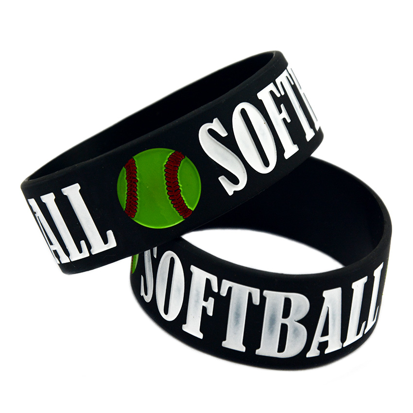 50PCS Softball 1 Inch Wide Silicone Rubber Bracelet Decoration Logo Black Adult Size for Sport Fans Gift