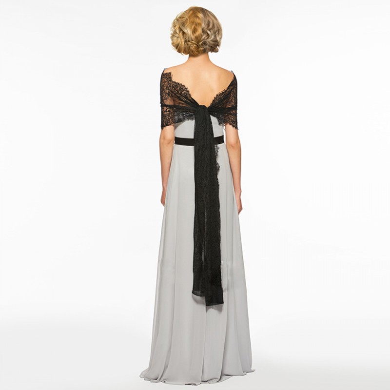 Silver Grey Mother Of The Groom Dresses With Capes Sweep Train Sash Beading Applique Lace Shawl Long Dress Mother Of The Bride Gowns