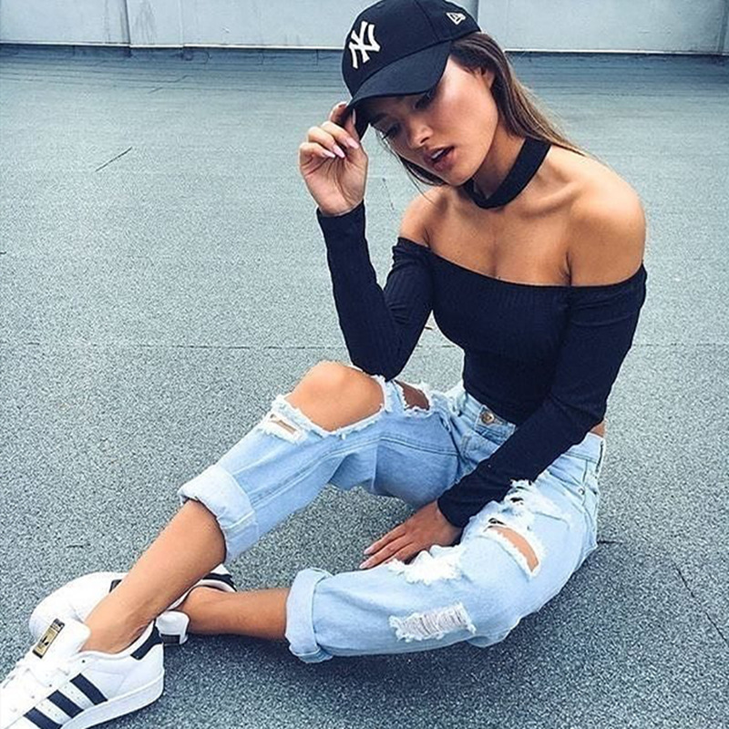 Wholesale- 2016 New Autumn Women Cotton Off the Shoulder Bra Strapless Long Sleeve Bodycon Short FemaleT-shirts Tops harajuku