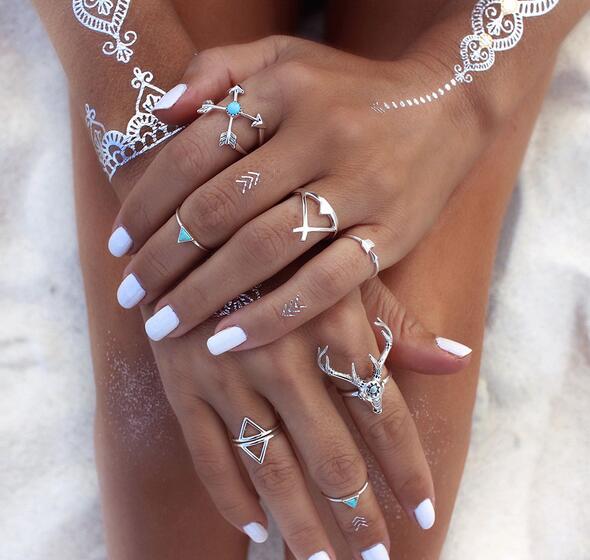 New Vintage Boho Rings Jewelry 7pcs/Pack Metal With Antique Silver Plated Multipack Ring Set for Woman anel Antler G76