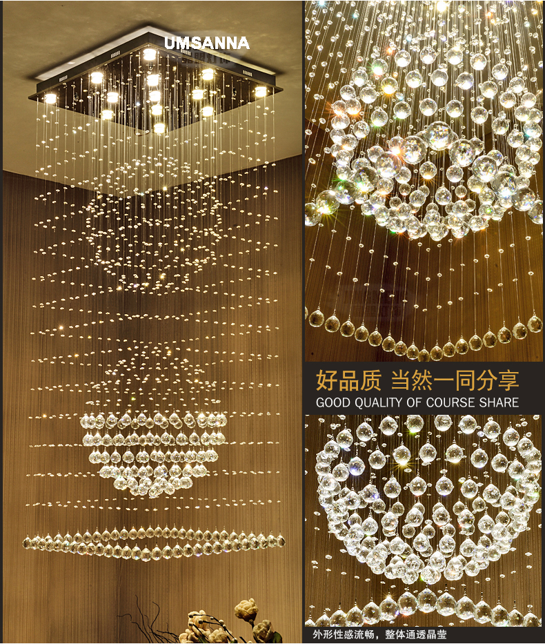 LED Modern Crystal Chandeliers Square K9 Crystal Chandelier Lights Fixture Home Indoor Lighting Hotel Hall Lobby Stair Long Hanging Lamps