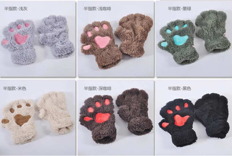 Woman Winter Fluffy Bear/Cat Plush Paw/Claw Glove-Novelty soft toweling lady's half covered gloves mittens christmas gift G390