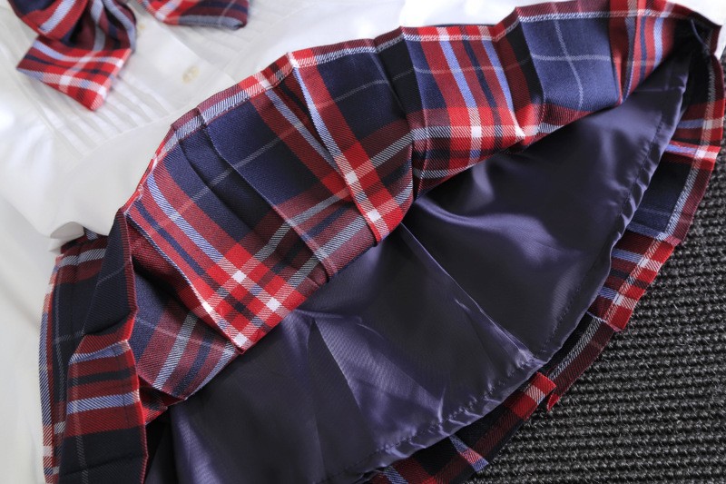 Autumn&Spring New School Style Fashion Baby Girls Dress Set White Shirt Top With Plaid Knot Tie+Plaid Mini Skirt 3 Pcs Sets 3-7T