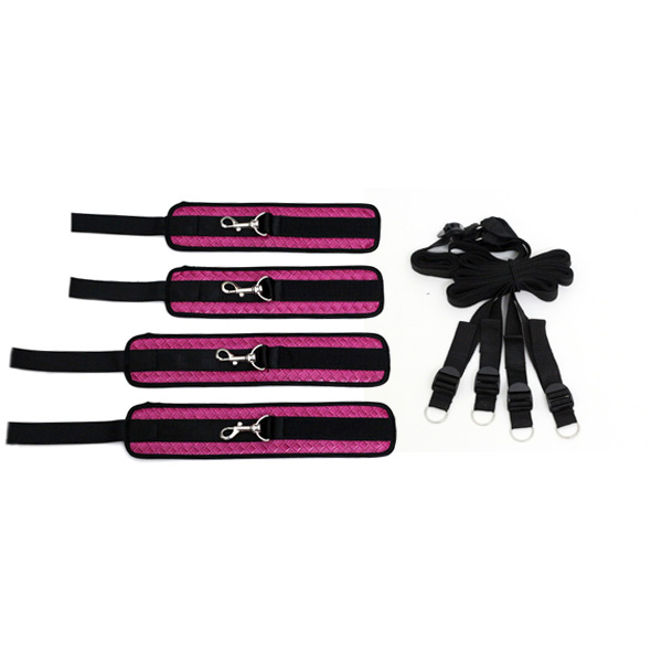 Nice Pink leather underbed restraint kit: handcuffs, ankle cuffs and fabric belt, Bondage sex reatraint systom sex products for females