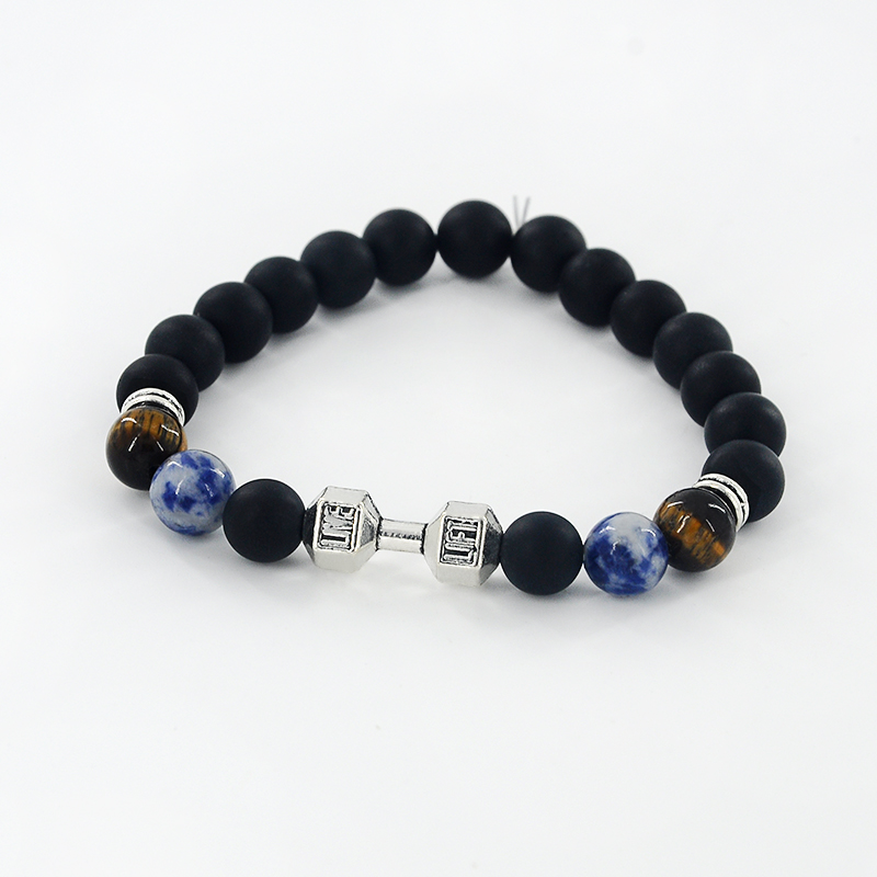 Wholesale-Mens Natural Stone Dumbbell Beaded Bracelets Unisex Black Lava Stone Beads Fitness Fit Life Prayer Bracelets Barbell Jewelry