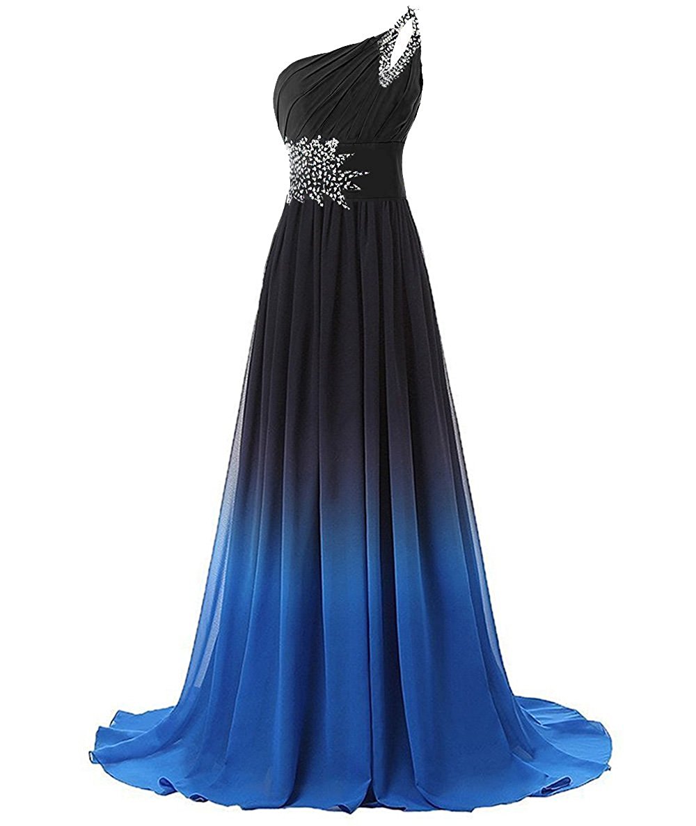 One Shoulder Gradient Chiffon Prom Dresses Sparkle Beaded Sequined Floor-Length Long Ombre Formal Evening Bridesmaid Party Gown Special Occasion Dress