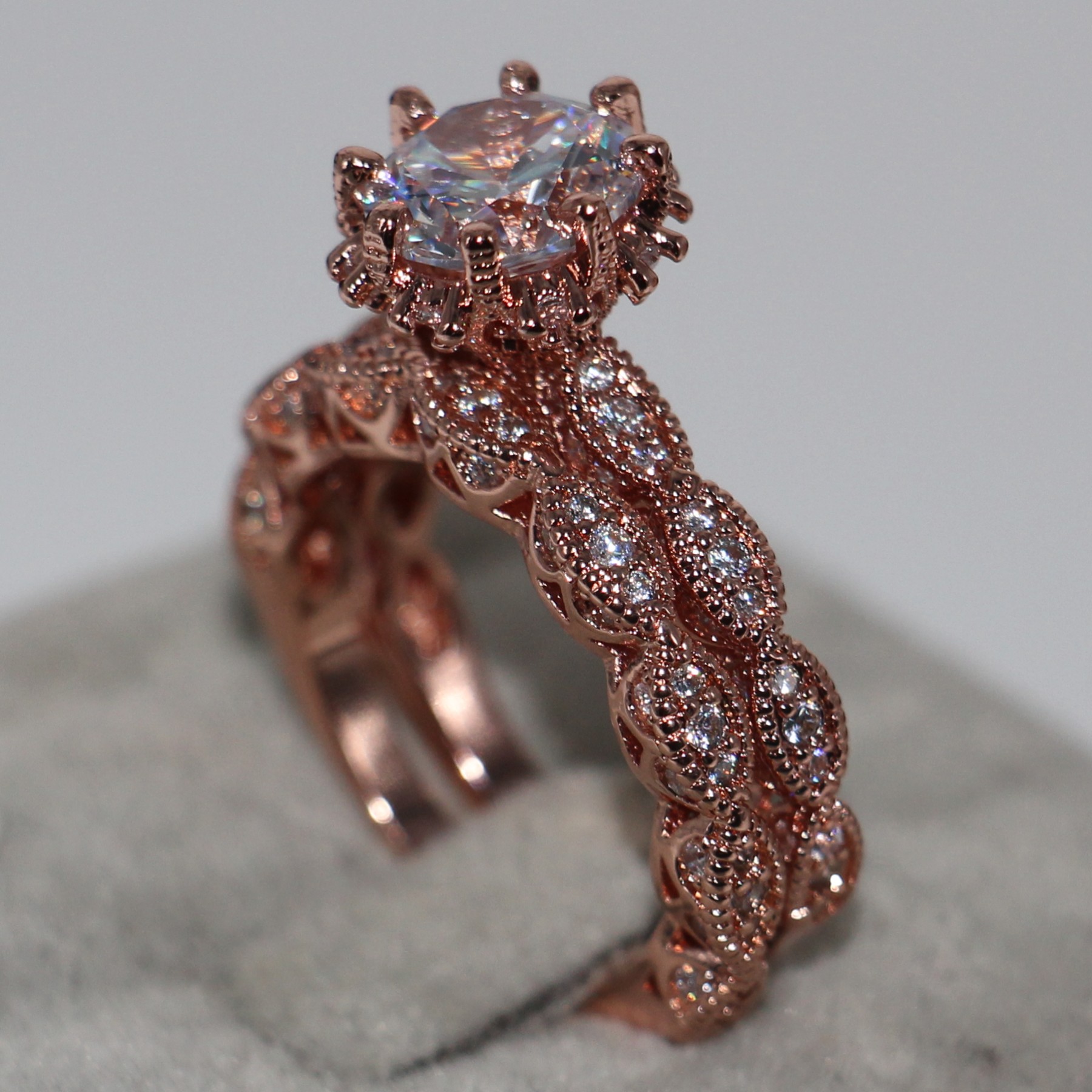 Sterg Sier Engagement Ring Set: Handmade 4CT White Topaz Bridal Wedding Band Set