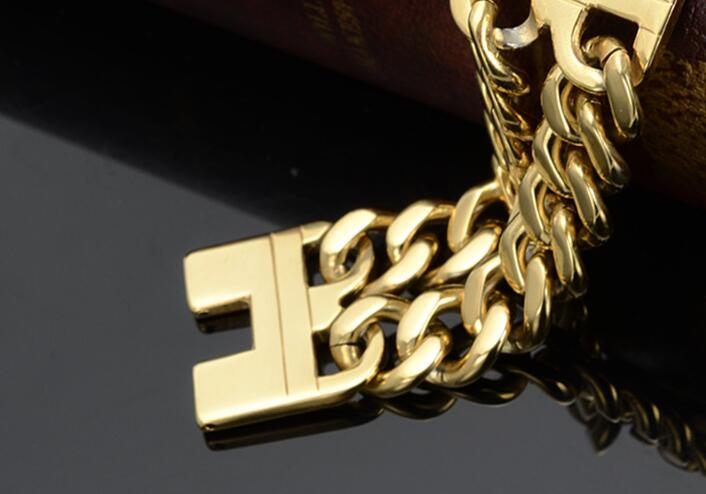 Gold Tone Biker Stainless Steel Fashion new Jewelry 2 Row Curb Chain bangle Smooth ID Bracelet for Men women large 22mm 9 inch
