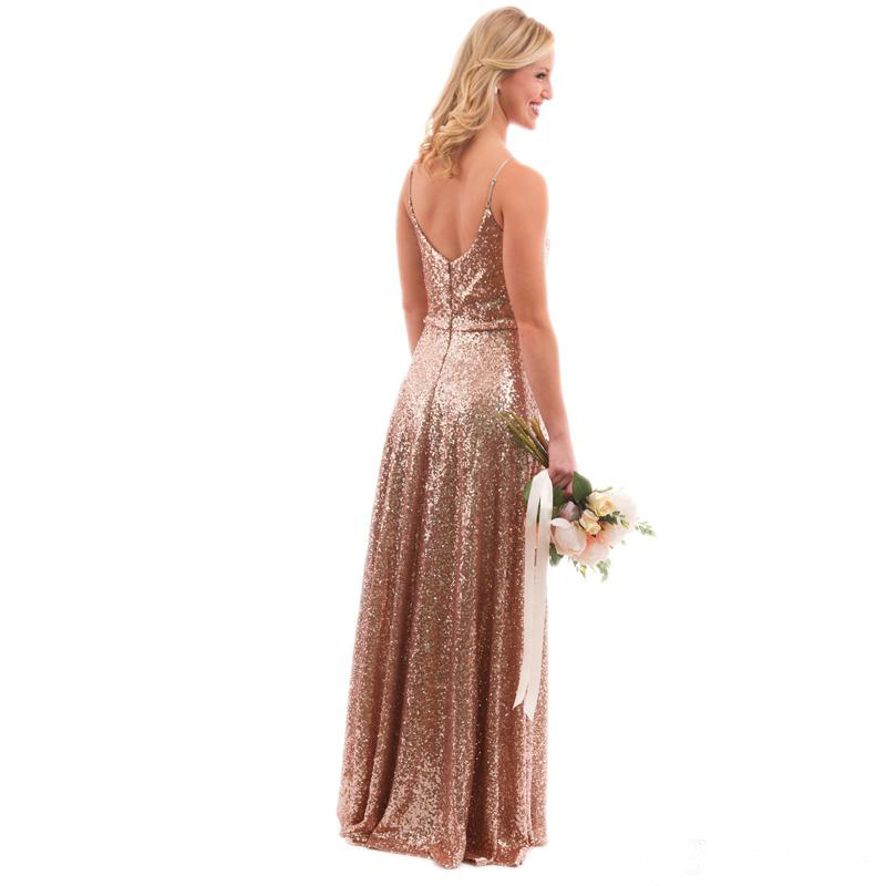 Spring 2019 Shiny Rose Gold Sequin Bridesmaid Dresses Country Style Spaghetti Straps A Line Long Maid of Honor Wedding Guest Dress