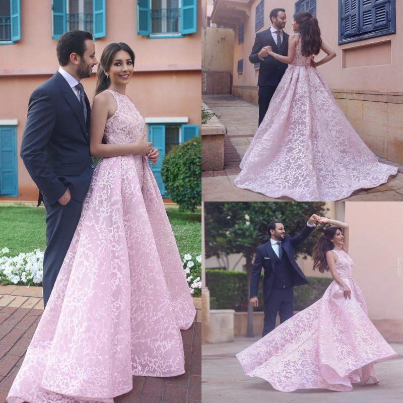 Dubai Pink Prom Dresses With Detachable Train Luxury Applique Sleeveless Jewel Neck Evening Gown Sweep Train Party Formal Dress Evening Wear