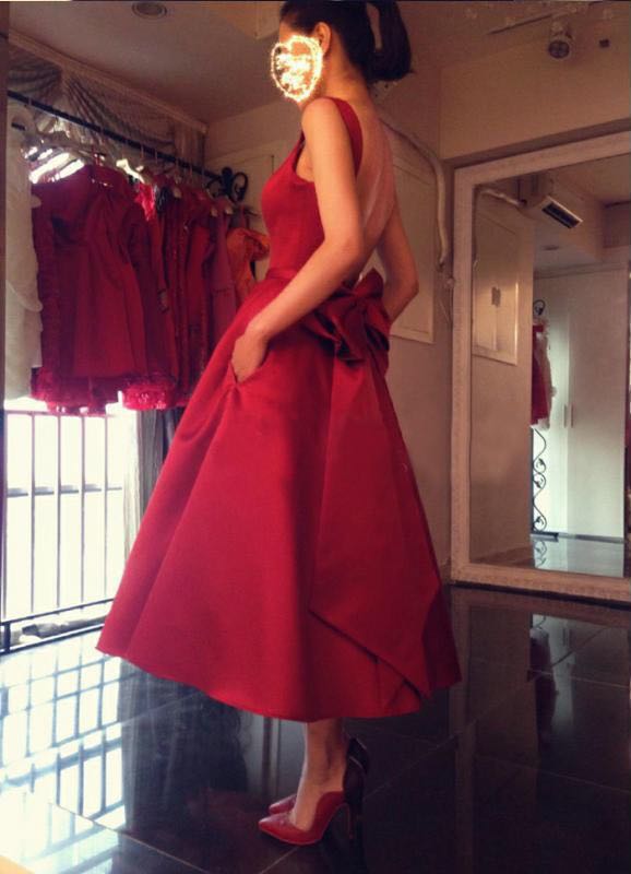 2023 Red Tea Length Satin Prom Dress Open Back With Bow Plus Size Square Neck A-line Straps Formal Evening Gowns Custom Made