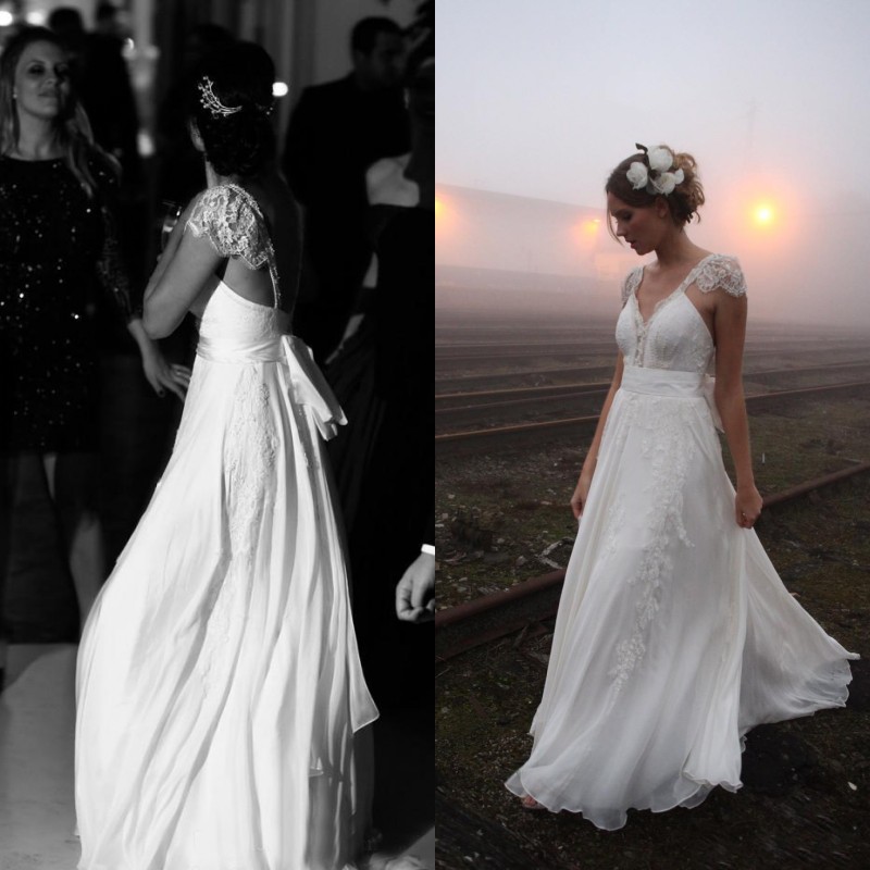 Gorgeous Bohemian Wedding Dress A Line V Neck Capped Shoulder Sleeveless Sexy Backless Country Bridal Gowns with Lace Appliques and Sash, White
Gorgeous Bohemian Wedding Dress A Line V Neck Capped Shoulder Sleeveless Sexy Backless Country Bridal Gowns with Lace Appliques and Sash, White