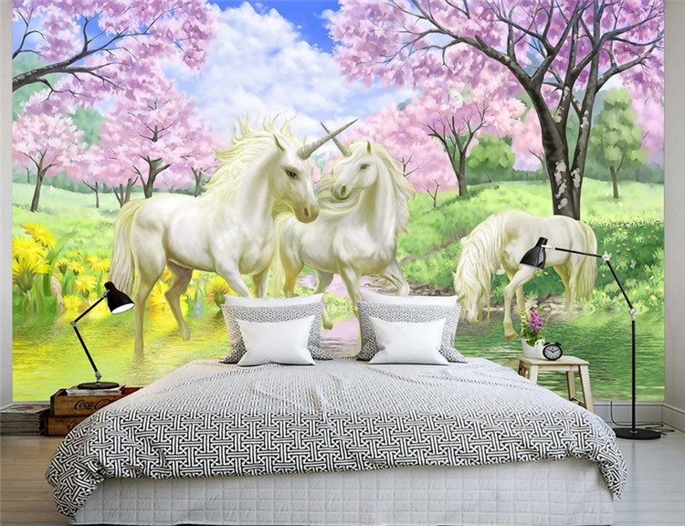 Custom 3D Mural Wallpaper Unicorn Dream Cherry Blossom TV Background Wall Pictures For Kids Room Bedroom Living Room Wallpaper4290303