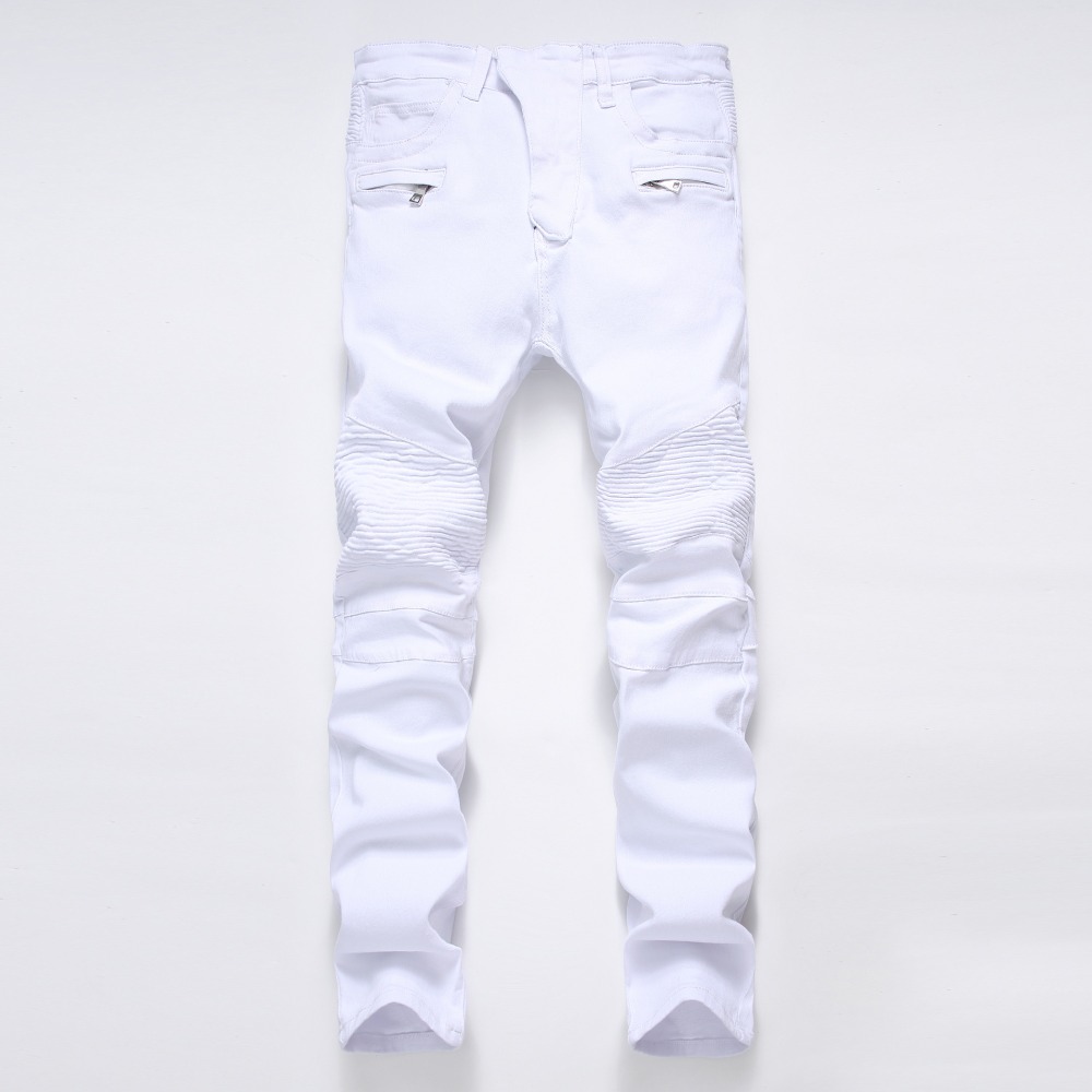 Men's Jeans Wholesale- Men's Fashion High Quality Ripped Biker Men Distressed Moto Denim Joggers Washed Pleated Pants Black Blue