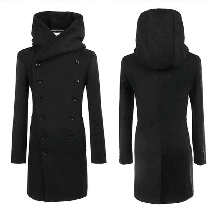 Wholesale- Men Overcoat,Grey Black Navy Blue 2016 Fashion Cheap Mens Pea Coat With Hood Double Breasted Long Wool Trench Coat