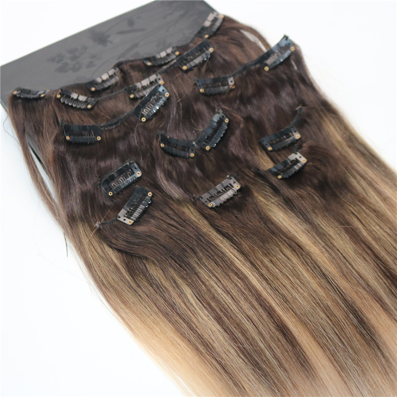 #4/#18 8A 7pcs 120gram Clip In Human Hair Extensions Ombre Dark Brown Root To Ash Blonde Balayage Highlights Hairstyle