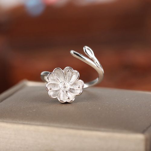 Real Sterling Silver 925 Plated White Gold Semi Mount Flower Women Ring for Pearl or Round Bead 6-8mm Fine Jewelry Setting Adjustable