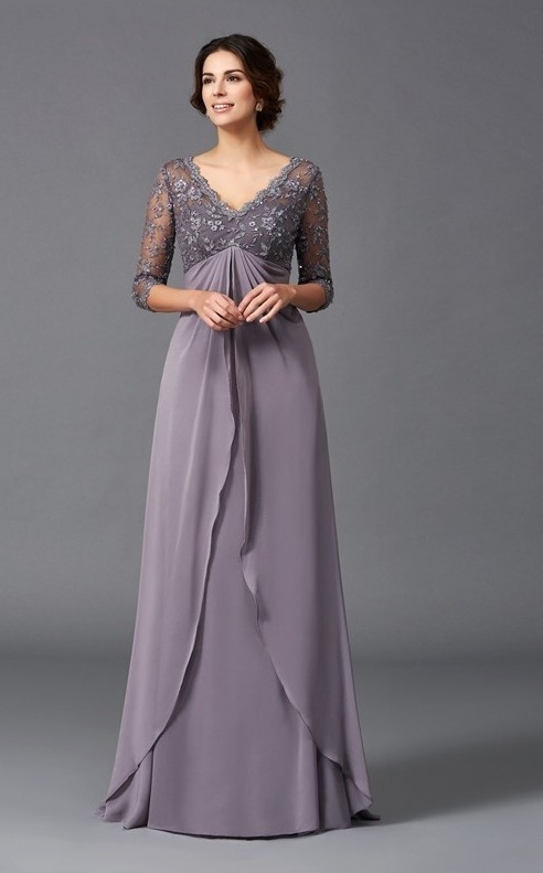 Long Mother Of The Bride Dresses 3/4 Long Sleeve Applique Beads Plus Size Mother Of Groom Dress Chiffon Floor Length Evening Gown