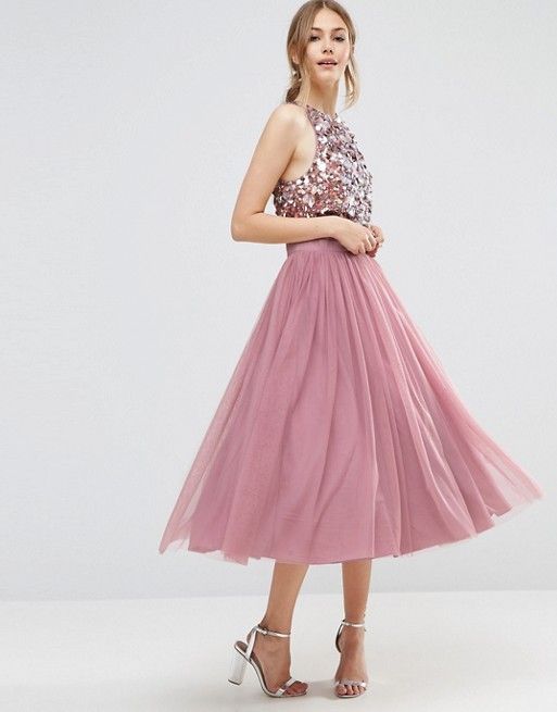 Cheap Tea Length Country Bridesmaids Dresses Sequined Jewel Neck Short Two Pieces Prom Dress Tulle A-e Maid Of Honor Gowns