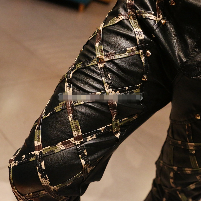 black red pants Rossoneri color rivet tight leather pants low-waist plaid male slim skinny pants male for singer dancer bar