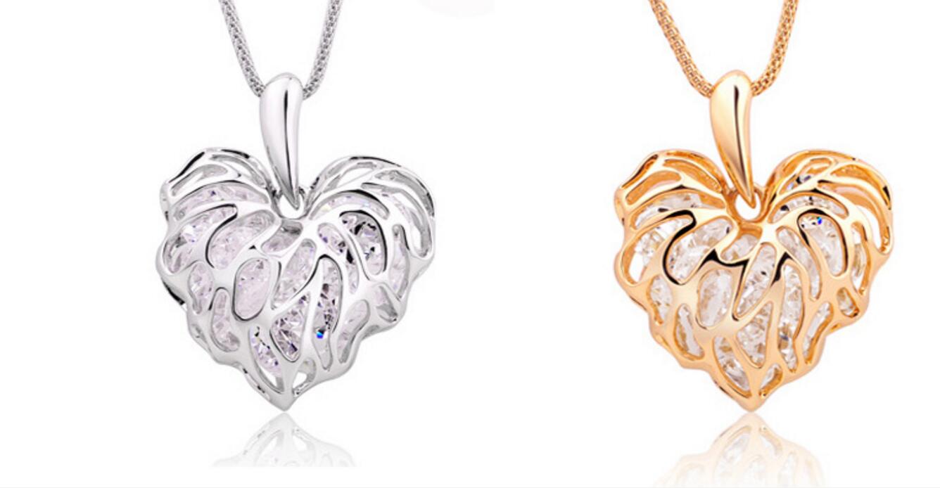 Hollow Love Heart Leaves Zircon Bracelet Necklace Peach Heart Necklace