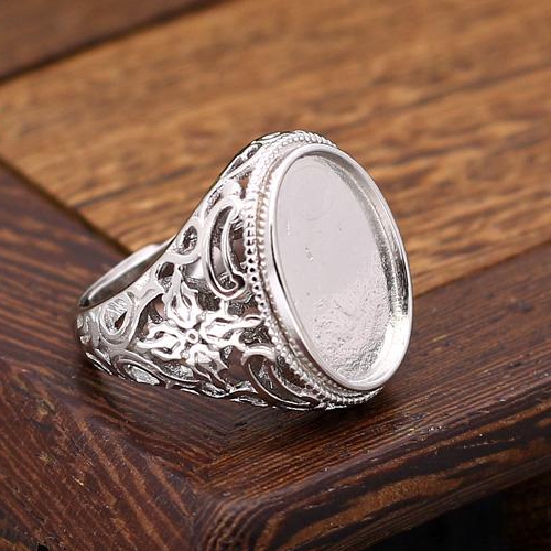 Art Nouveau 14x19mm Oval Cabochon Engagement Wedding Semi Mount Ring Silver 925 Art Deco Vintage Antique Ring Setting
