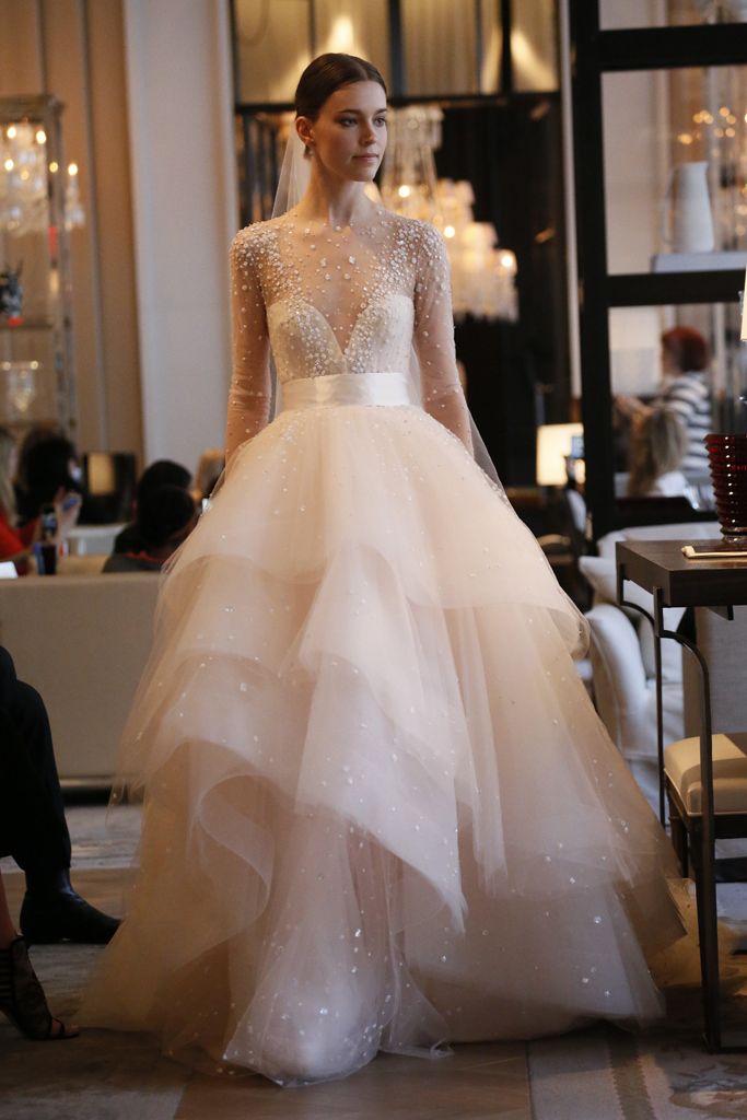 2022 Wedding Bridal Dress Sheer Neck A Line Sexy Long Sleeves Ruffles Tulle Illusion Back Pearls Beaded Monique Lhuillier Bridal Gowns