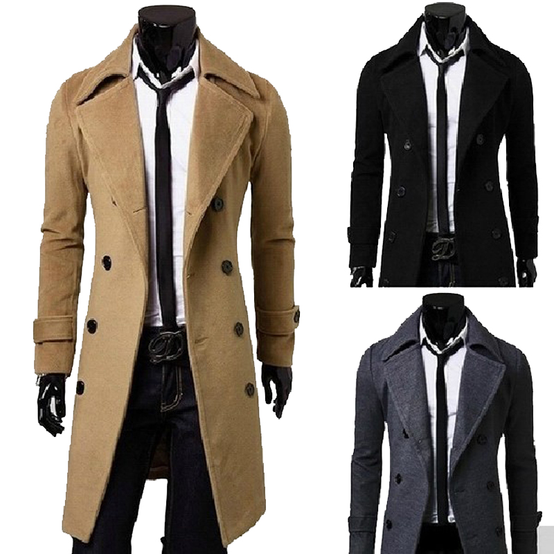 New Brand Winter mens long pea coat Men's wool Coat Turn down Collar Double Breasted men trench coat black brown grey size M-XXXL