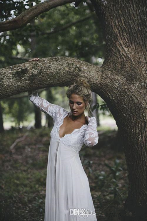Boho Lace Bohemian Country Wedding Chiffon Beach Gowns Long Sleeve Maternity Bridal Dresses Custom Made 0510