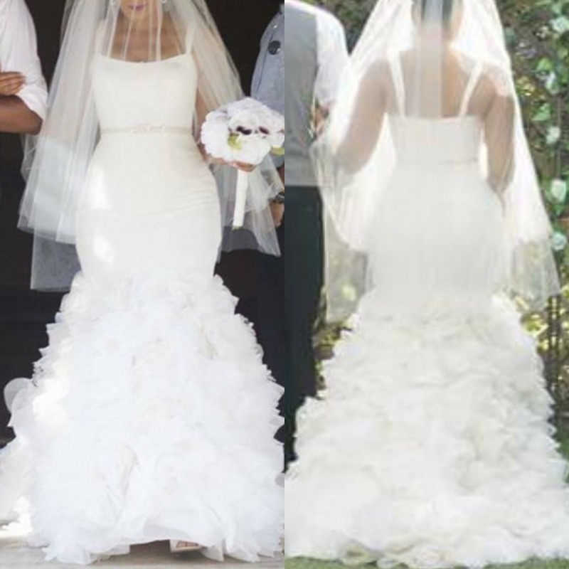 Cascading Ruffles Mermaid Wedding Dresses Sexy Spaghetti Sash Zipper Backless Beach Wedding Dress Lace Applique Organza Wedding Gowns Cheap