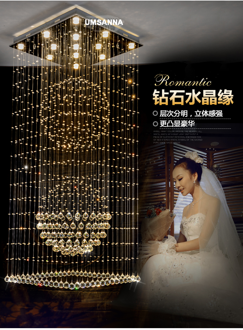 LED Modern Crystal Chandeliers Square K9 Crystal Chandelier Lights Fixture Home Indoor Lighting Hotel Hall Lobby Stair Long Hanging Lamps
