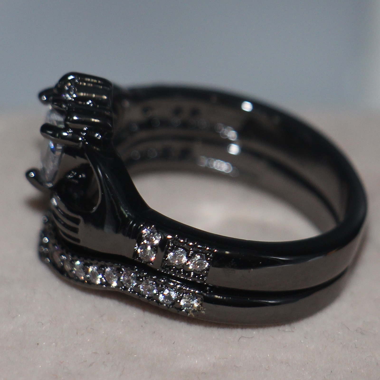 Exquisite 10K Black Gold Filled Heart Topaz Wedding Bridal Claddagh Ring Set for Women, Sizes 5-11