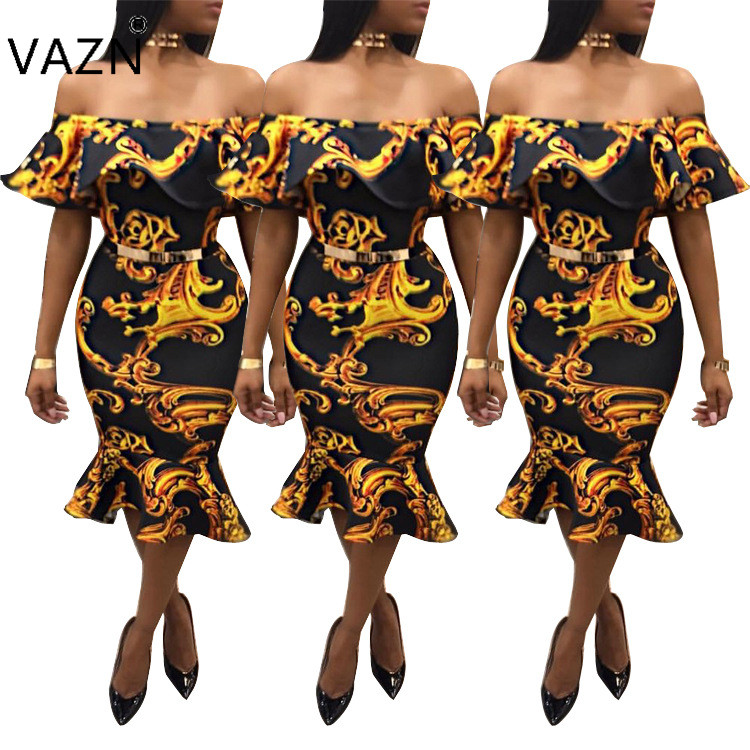 VAZN New Fashion Elegant 2018 Bandage Dress Sexy Club Dress Off The Shoulder Midi Print Dresses K9125 q1118