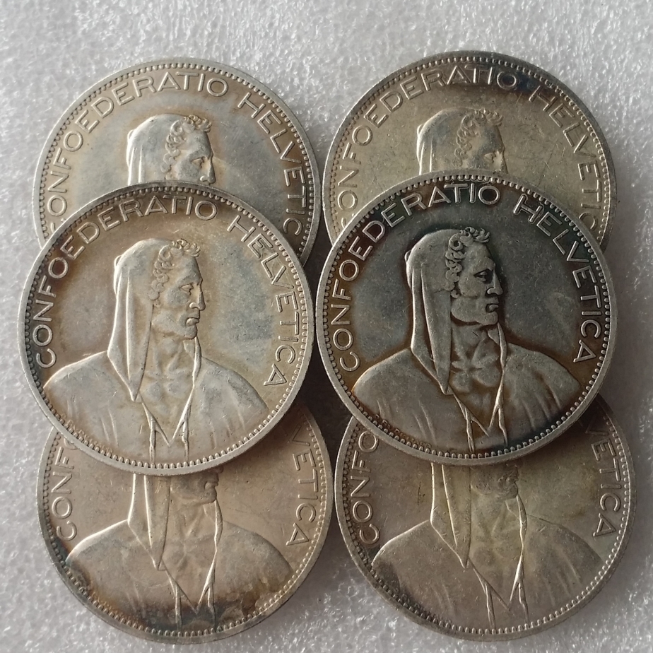 A set of 1922-1928 6pcs Switzerland (Confederation) Silver 5 Francs (5 Franken) Copy Coin diameter:37mm
A set of 1922-1928 6pcs Switzerland (Confederation) Silver 5 Francs (5 Franken) Copy Coin diameter:37mm
