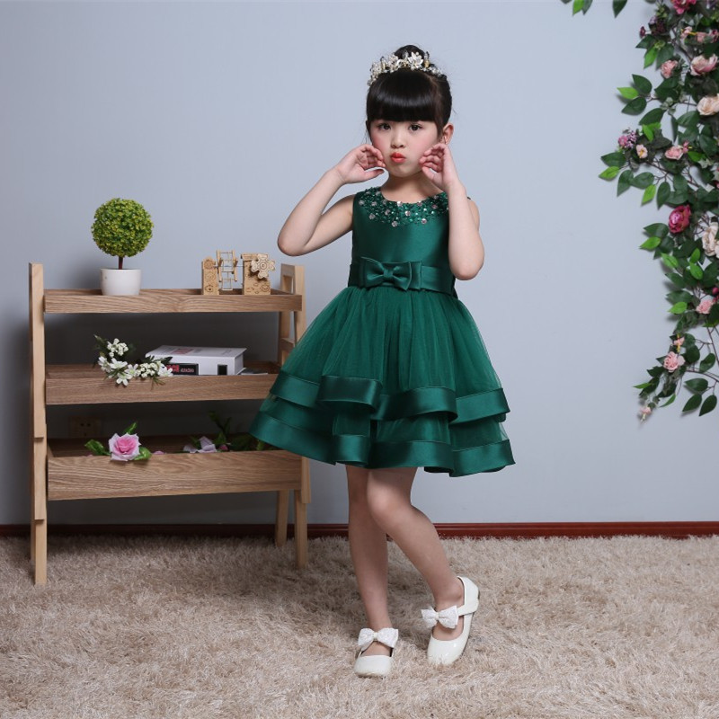 2017 Puffy Green Tulle Flower Girl Wedding Party Dresses Sequin Bow Ball Gown First Communion Dresses 1 Year Birthday Baptism Dresses