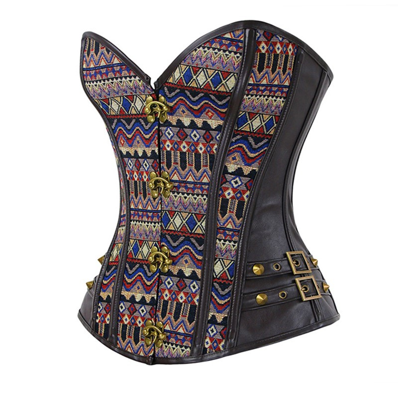 Women Steampunk Bronze Clasp Jacquard Tribal Spiral Steel Boned Overbust Gothic Corset with Side Leather with Buckles Trim and Rivets Detail